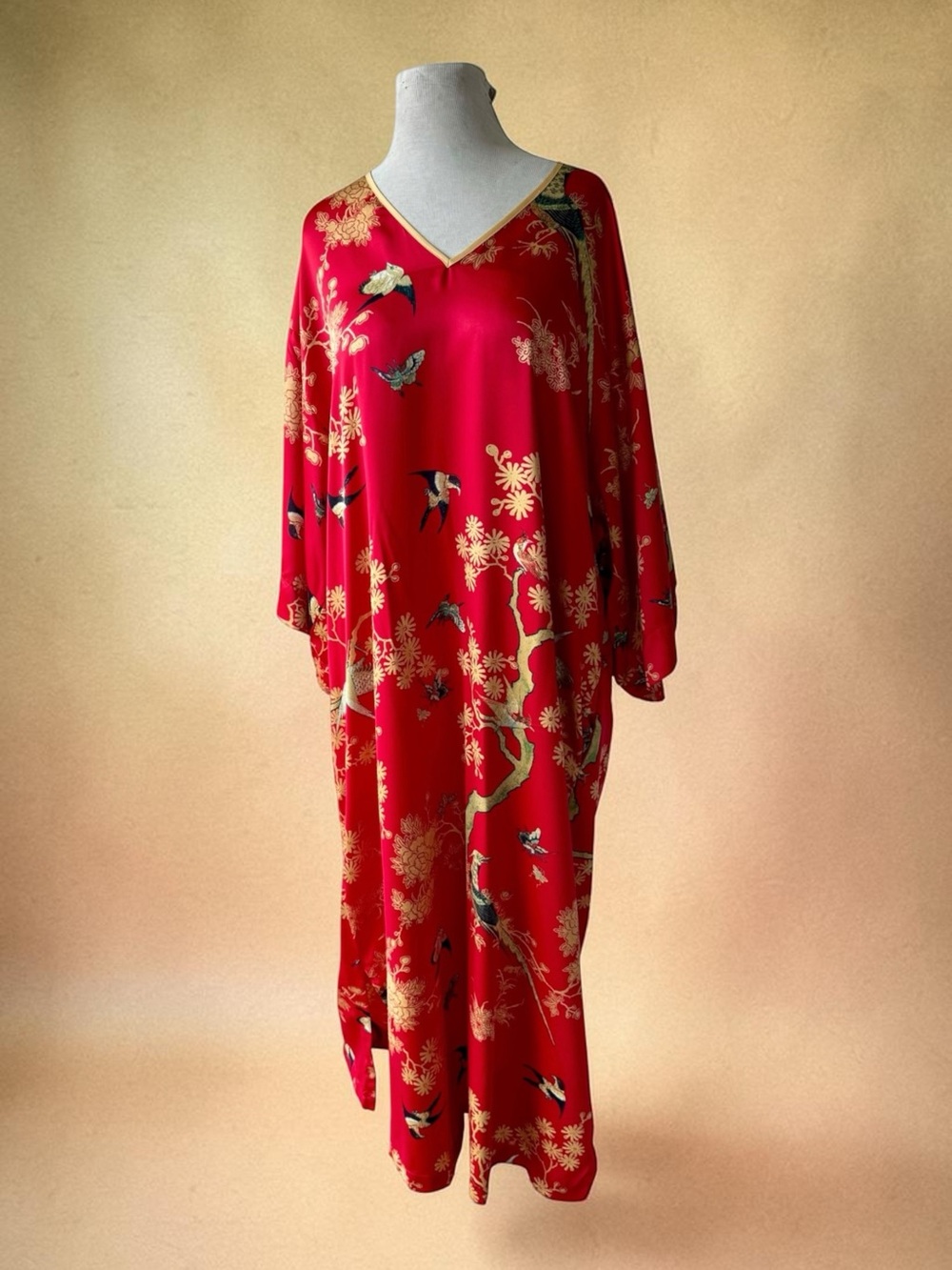 NATORI Red Satin Bird Branch Caftan Dress XL Gold Floral Lounge Chinoiserie
